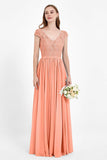 Cap Sleeves Ruched Chiffon Bridesmaid Dress Lace Formal Evening Party Dresses Gowns