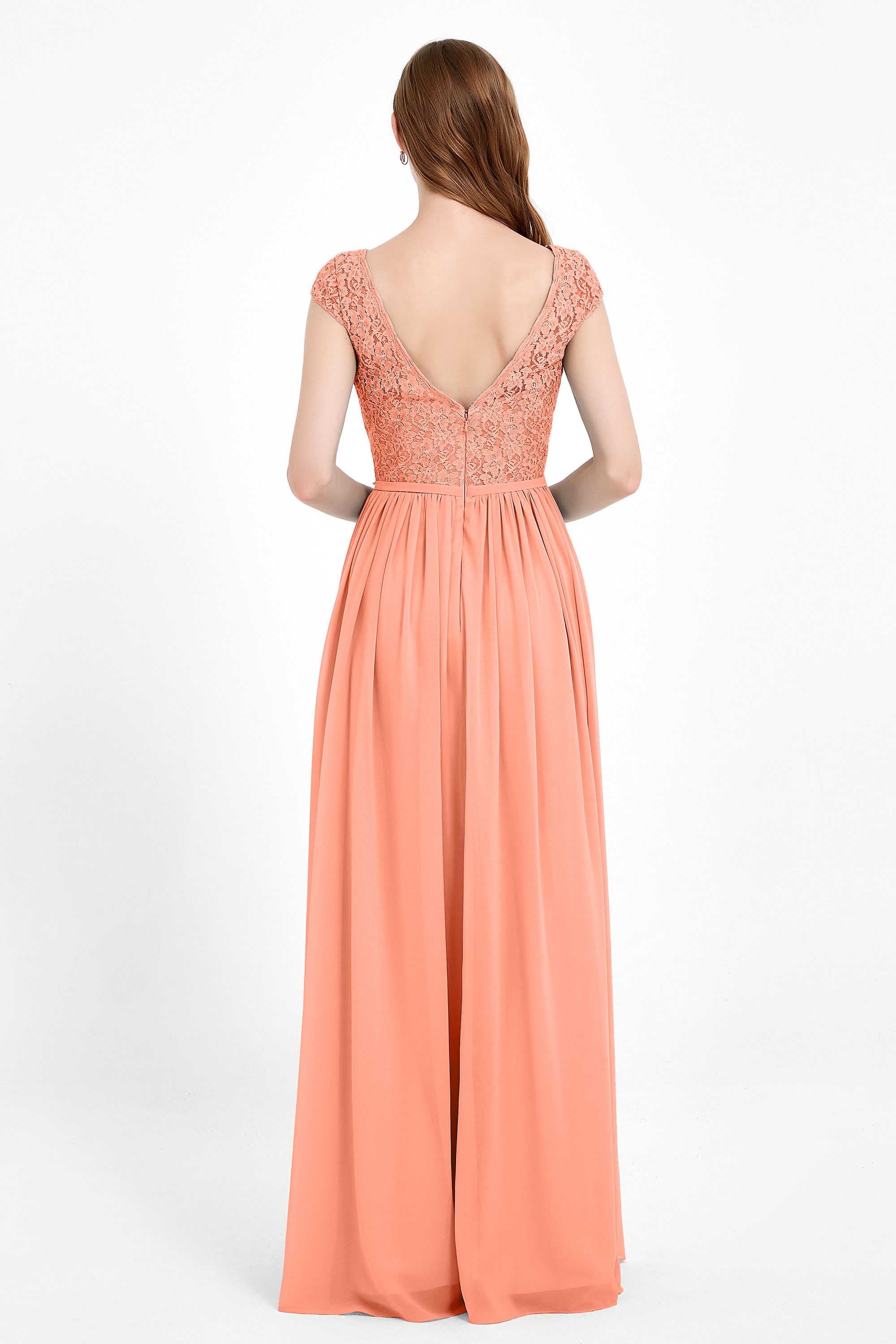 Cap Sleeves Ruched Chiffon Bridesmaid Dress Lace Formal Evening Party Dresses Gowns