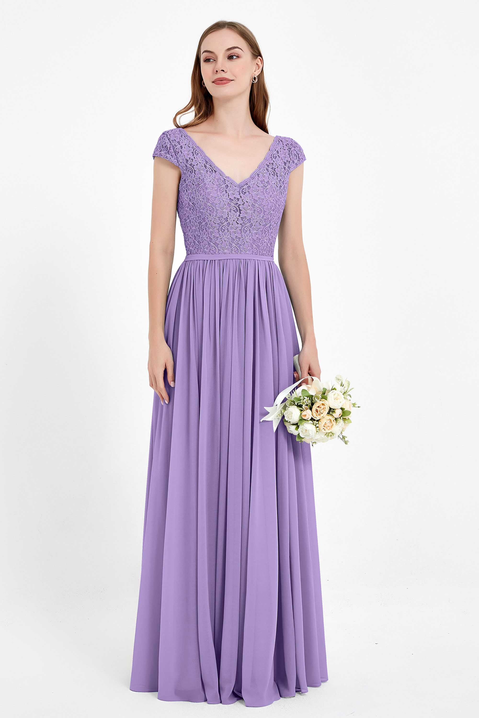 Cap Sleeves Ruched Chiffon Bridesmaid Dress Lace Formal Evening Party Dresses Gowns