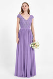 Cap Sleeves Ruched Chiffon Bridesmaid Dress Lace Formal Evening Party Dresses Gowns