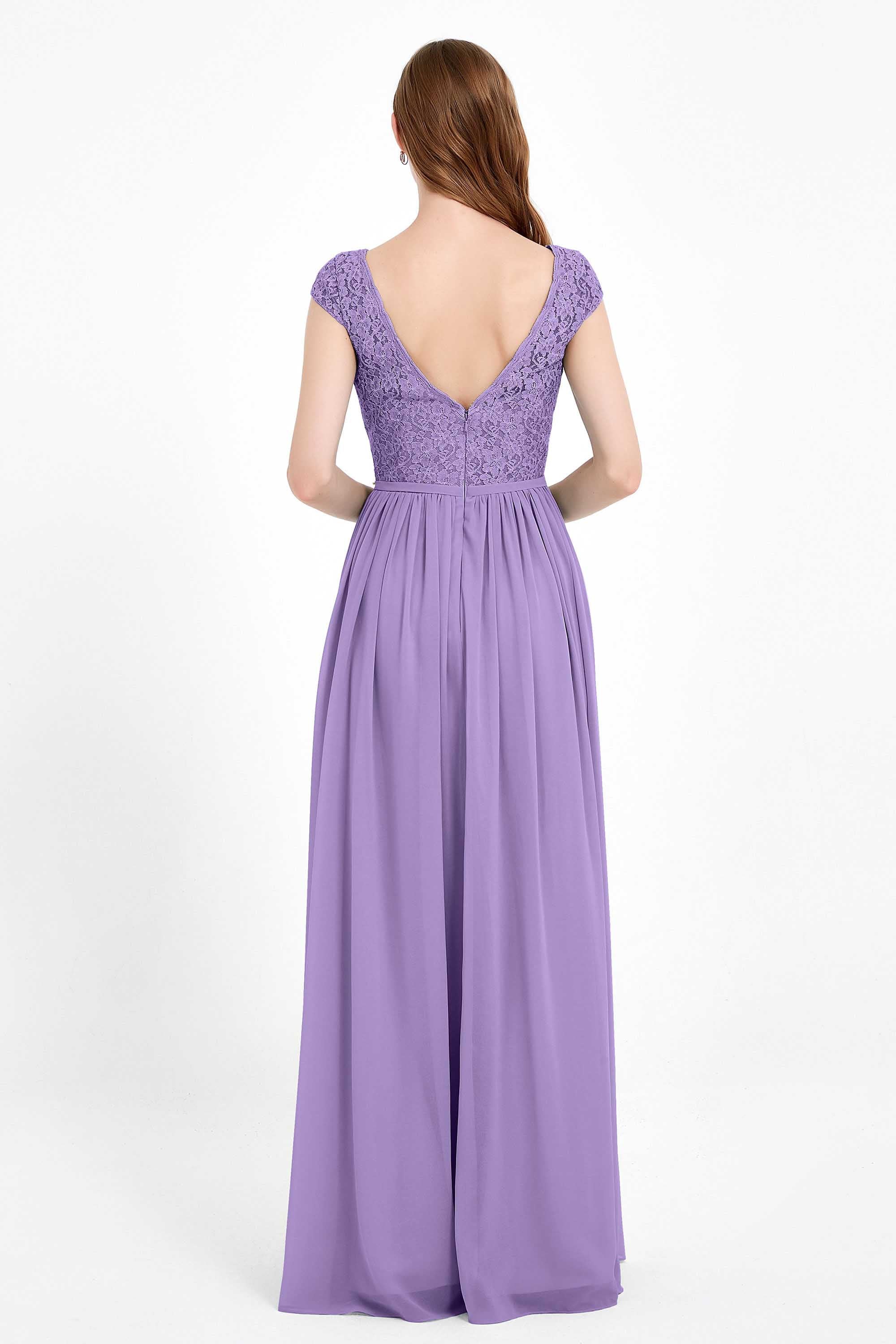 Cap Sleeves Ruched Chiffon Bridesmaid Dress Lace Formal Evening Party Dresses Gowns