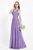 Cap Sleeves Ruched Chiffon Bridesmaid Dress Lace Formal Evening Party Dresses Gowns