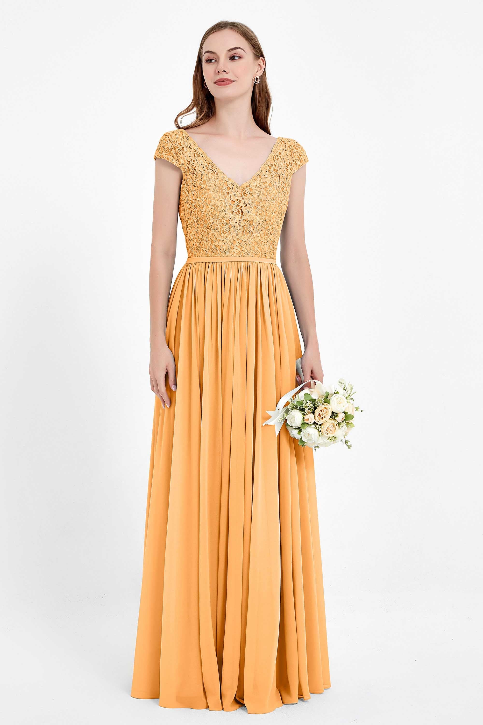 Cap Sleeves Ruched Chiffon Bridesmaid Dress Lace Formal Evening Party Dresses Gowns