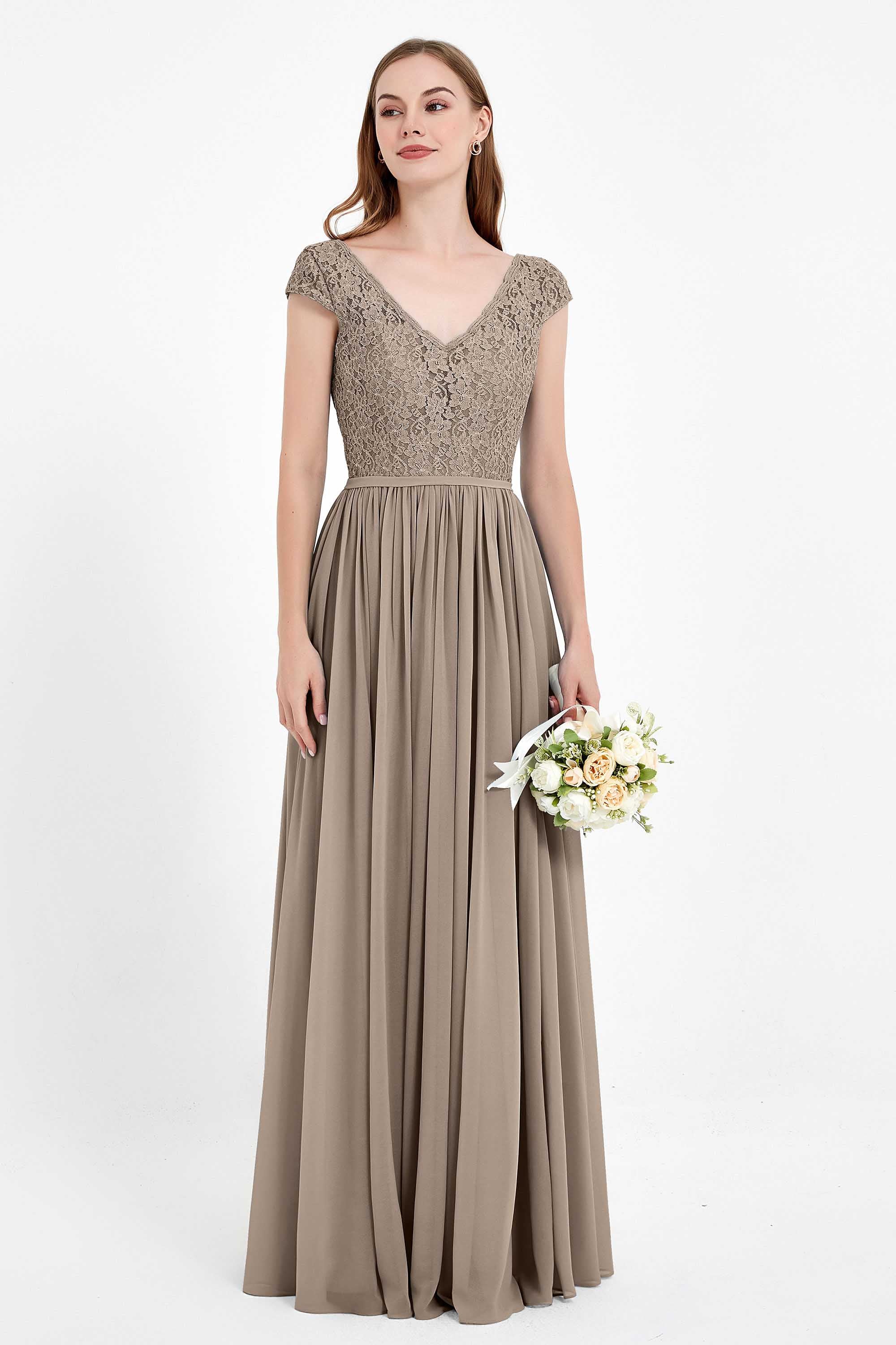 Cap Sleeves Ruched Chiffon Bridesmaid Dress Lace Formal Evening Party Dresses Gowns