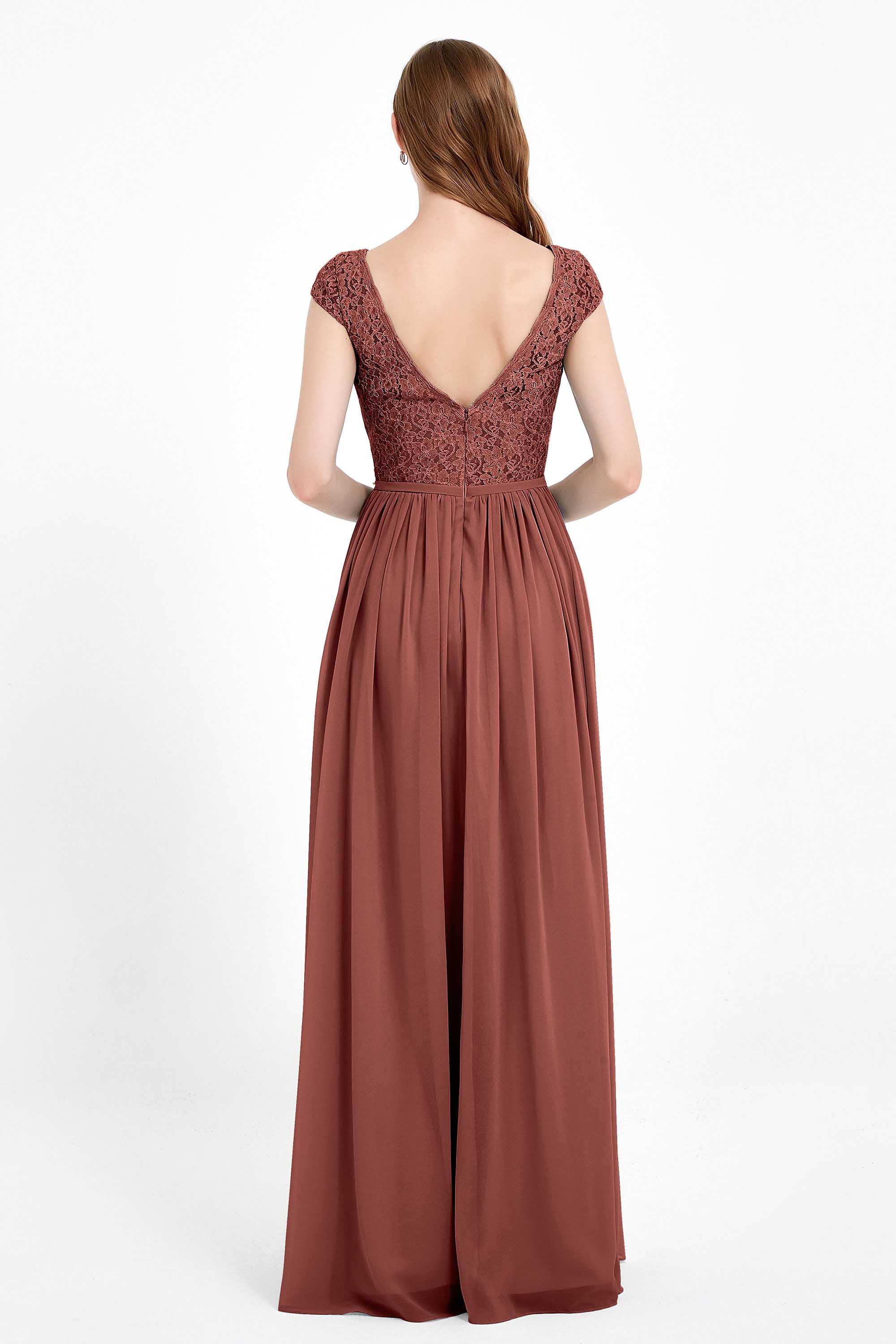 Cap Sleeves Ruched Chiffon Bridesmaid Dress Lace Formal Evening Party Dresses Gowns