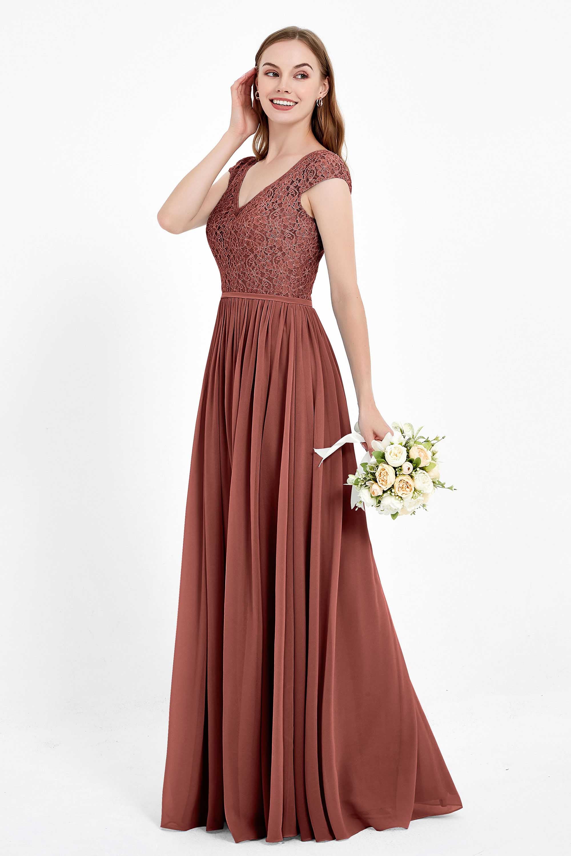 Cap Sleeves Ruched Chiffon Bridesmaid Dress Lace Formal Evening Party Dresses Gowns