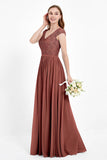 Cap Sleeves Ruched Chiffon Bridesmaid Dress Lace Formal Evening Party Dresses Gowns
