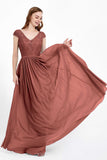 Cap Sleeves Ruched Chiffon Bridesmaid Dress Lace Formal Evening Party Dresses Gowns