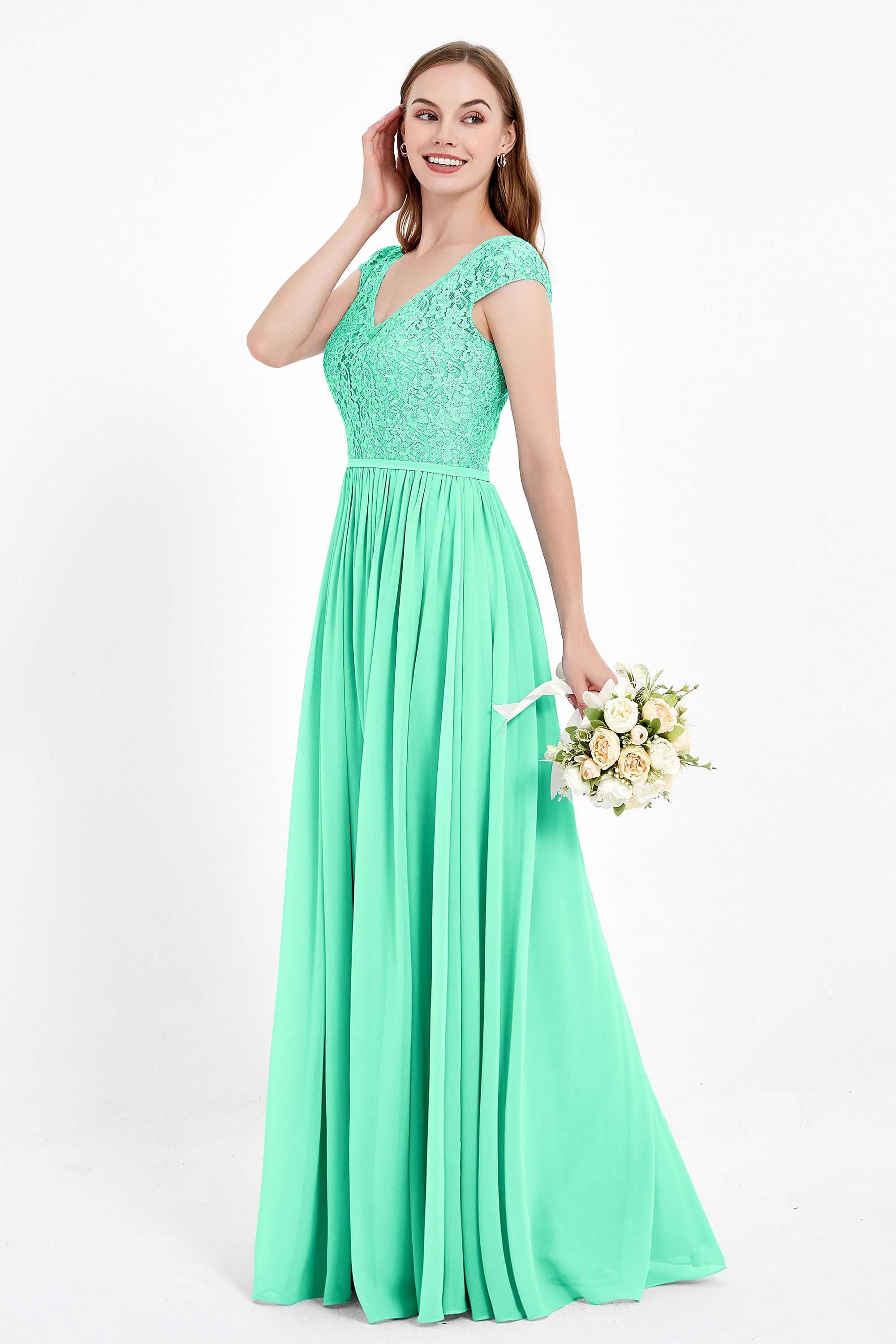 Cap Sleeves Ruched Chiffon Bridesmaid Dress Lace Formal Evening Party Dresses Gowns