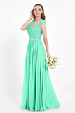 Cap Sleeves Ruched Chiffon Bridesmaid Dress Lace Formal Evening Party Dresses Gowns