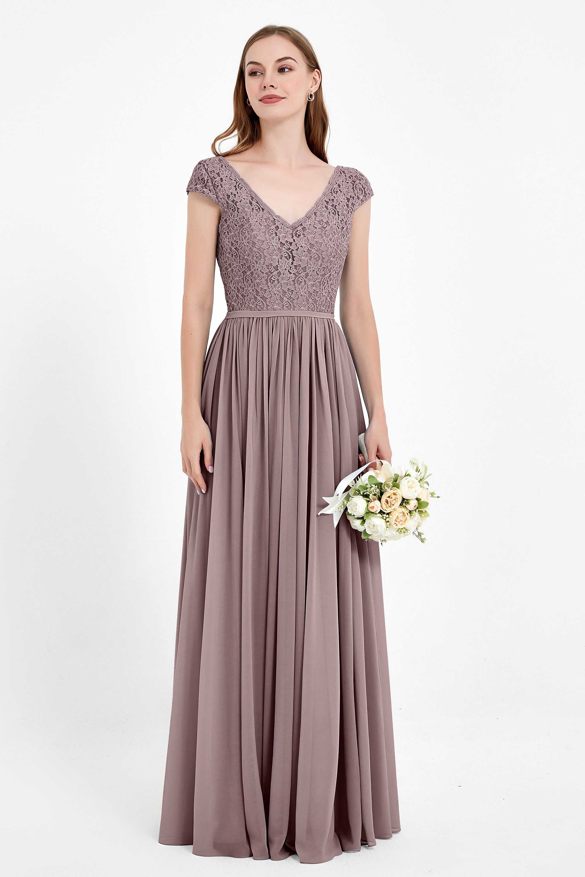 Cap Sleeves Ruched Chiffon Bridesmaid Dress Lace Formal Evening Party Dresses Gowns