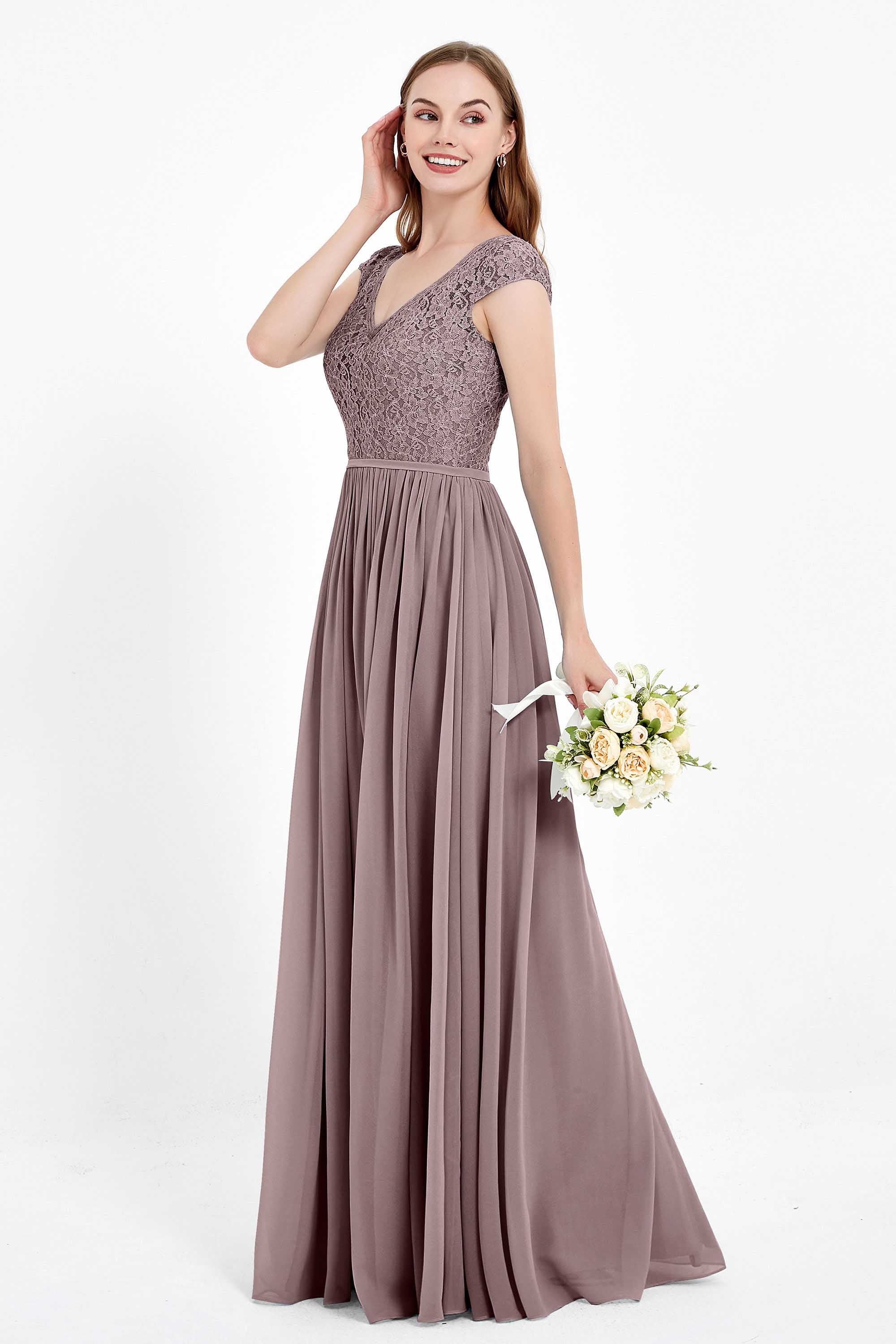 Cap Sleeves Ruched Chiffon Bridesmaid Dress Lace Formal Evening Party Dresses Gowns