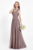 Cap Sleeves Ruched Chiffon Bridesmaid Dress Lace Formal Evening Party Dresses Gowns