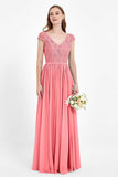 Cap Sleeves Ruched Chiffon Bridesmaid Dress Lace Formal Evening Party Dresses Gowns