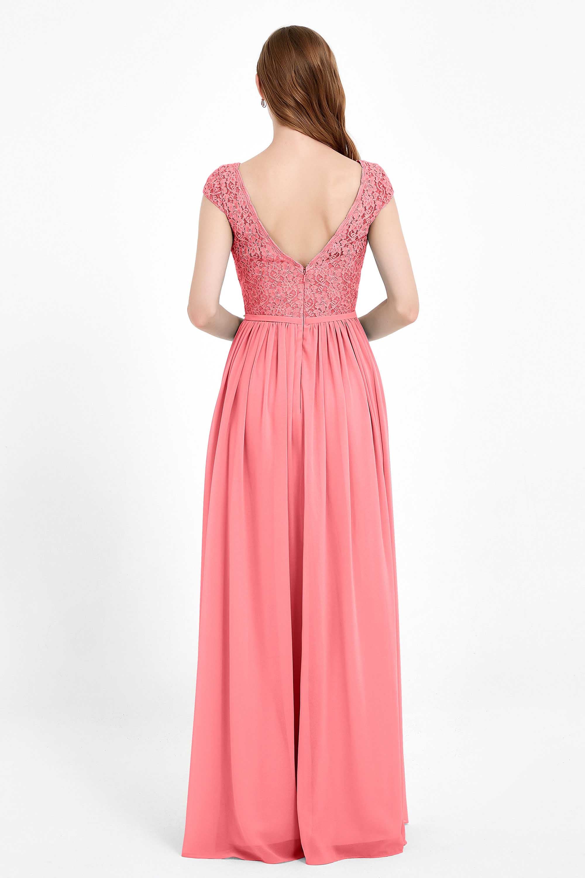 Cap Sleeves Ruched Chiffon Bridesmaid Dress Lace Formal Evening Party Dresses Gowns
