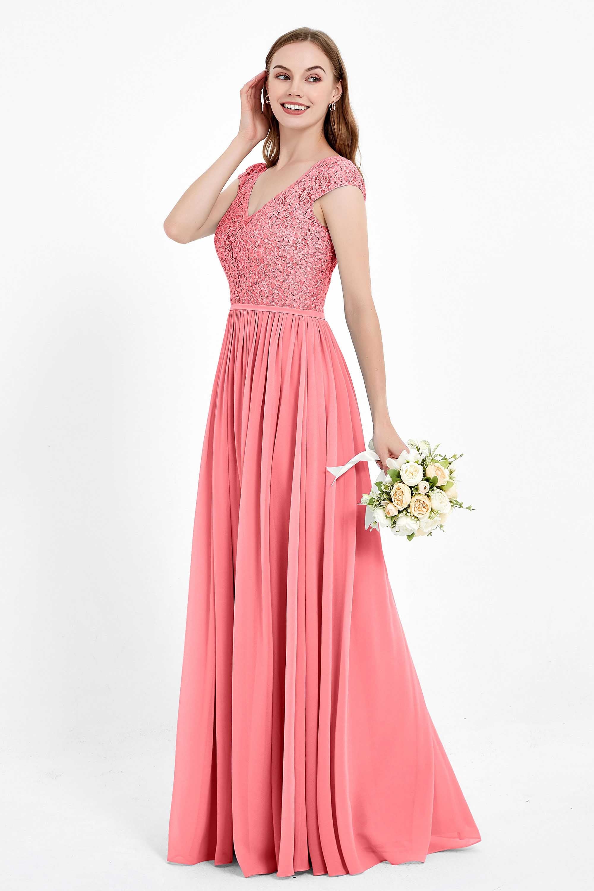 Cap Sleeves Ruched Chiffon Bridesmaid Dress Lace Formal Evening Party Dresses Gowns