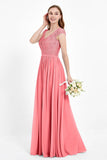 Cap Sleeves Ruched Chiffon Bridesmaid Dress Lace Formal Evening Party Dresses Gowns
