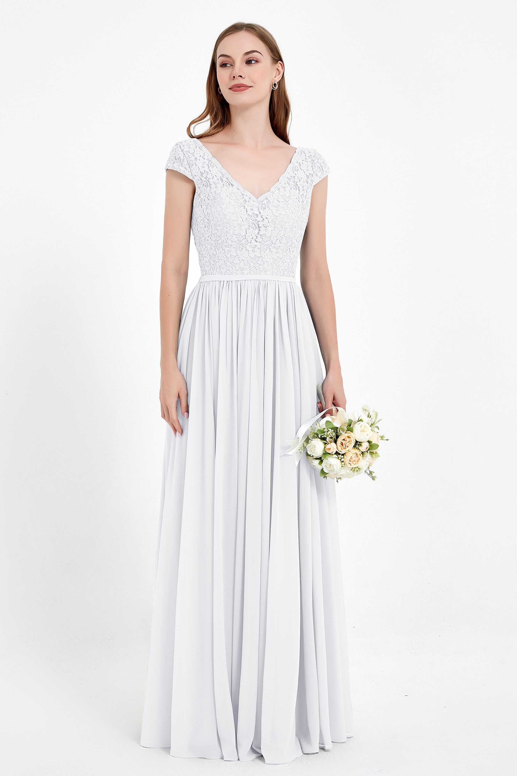 Cap Sleeves Ruched Chiffon Bridesmaid Dress Lace Formal Evening Party Dresses Gowns