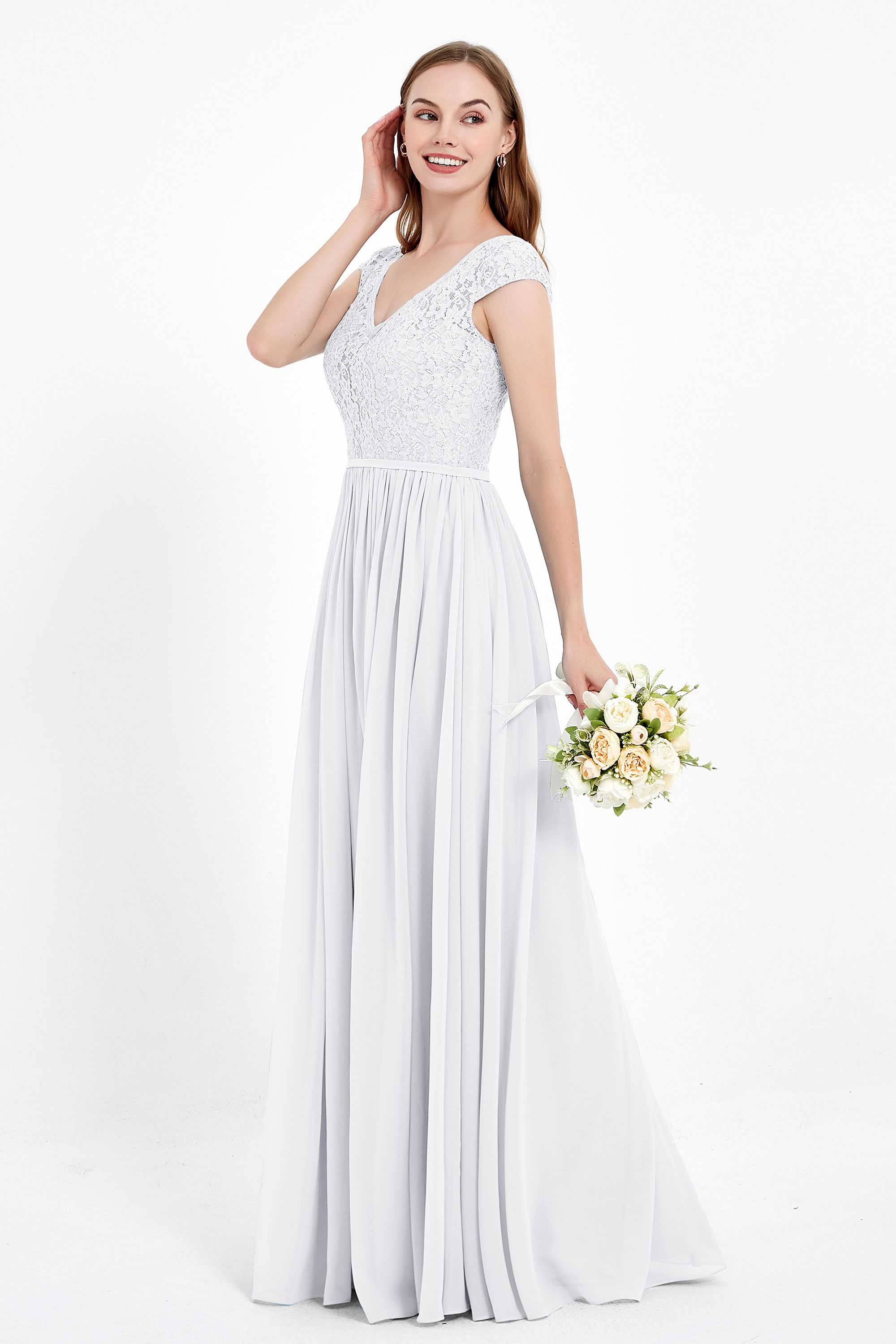 Cap Sleeves Ruched Chiffon Bridesmaid Dress Lace Formal Evening Party Dresses Gowns