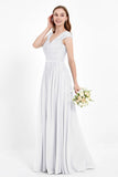 Cap Sleeves Ruched Chiffon Bridesmaid Dress Lace Formal Evening Party Dresses Gowns