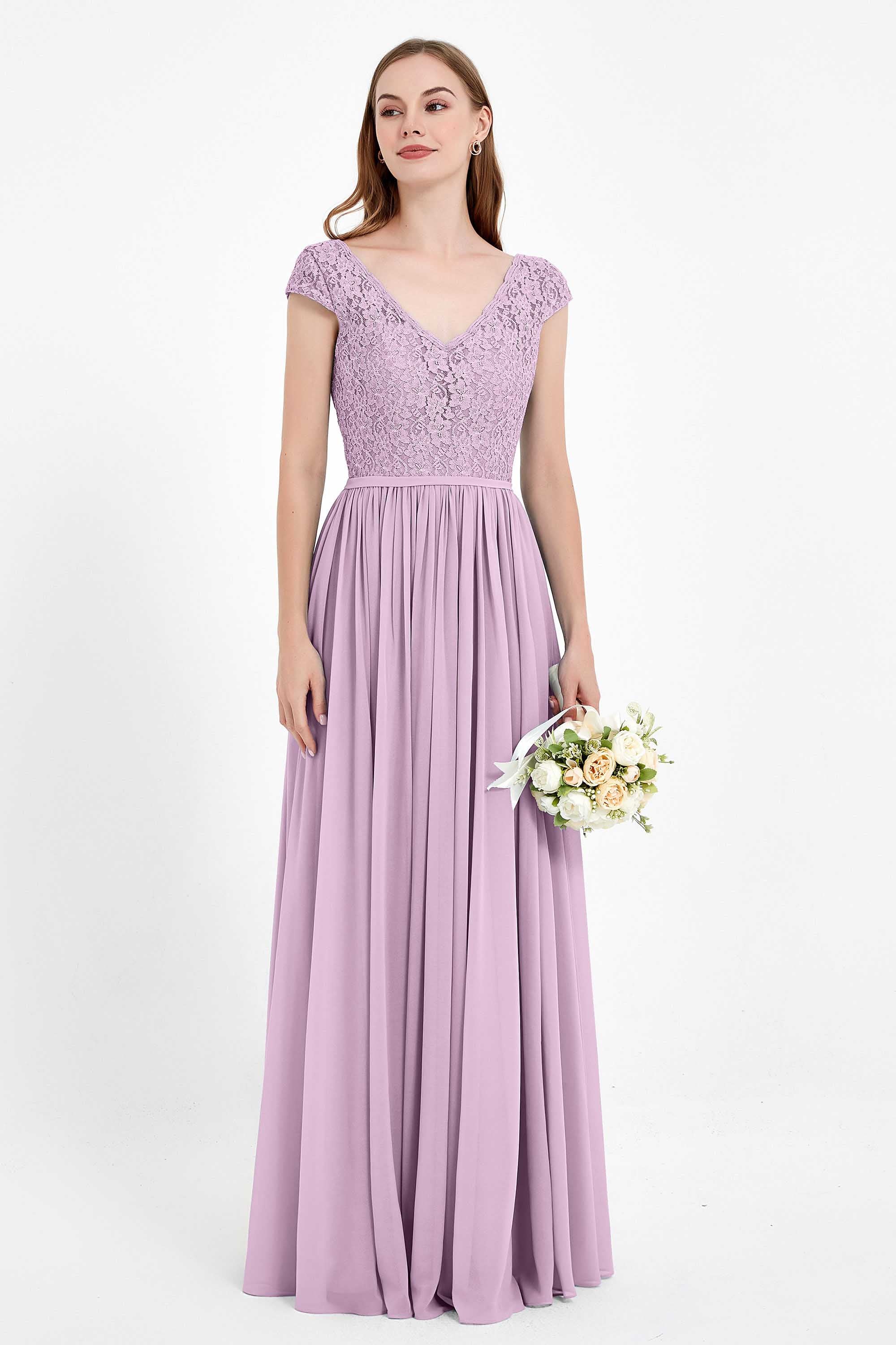 Cap Sleeves Ruched Chiffon Bridesmaid Dress Lace Formal Evening Party Dresses Gowns