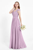 Cap Sleeves Ruched Chiffon Bridesmaid Dress Lace Formal Evening Party Dresses Gowns