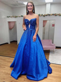 Navy Blue Sweetheart Satin Beaded A Line Long Prom Dresses With Bow