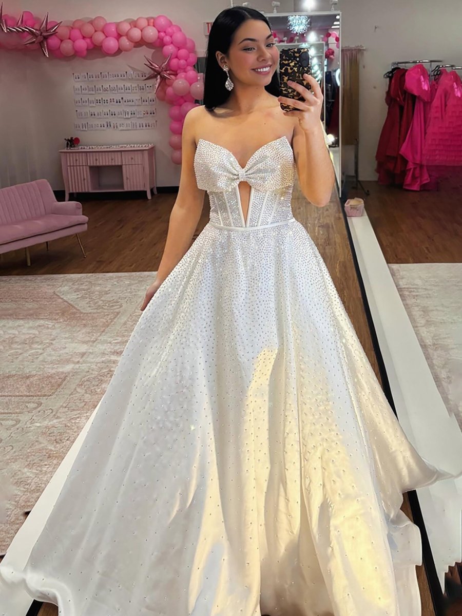 Navy Blue Sweetheart Satin Beaded A Line Long Prom Dresses With Bow