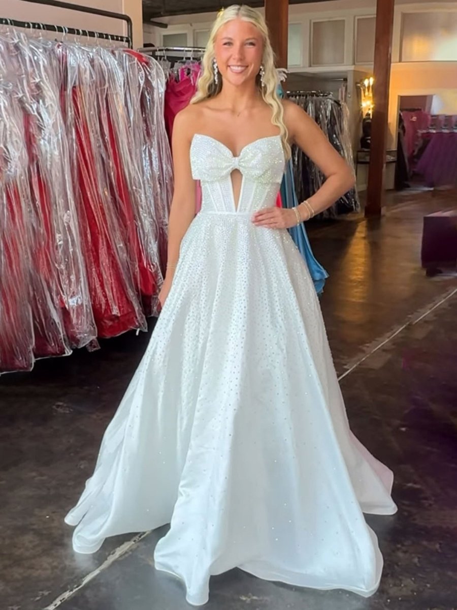 Navy Blue Sweetheart Satin Beaded A Line Long Prom Dresses With Bow