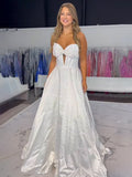 Navy Blue Sweetheart Satin Beaded A Line Long Prom Dresses With Bow