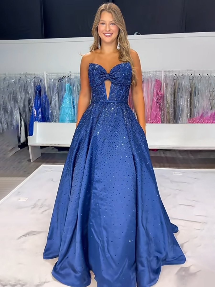 Navy Blue Sweetheart Satin Beaded A Line Long Prom Dresses With Bow