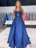 Navy Blue Sweetheart Satin Beaded A Line Long Prom Dresses With Bow