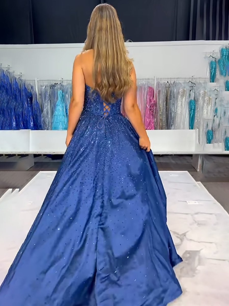 Navy Blue Sweetheart Satin Beaded A Line Long Prom Dresses With Bow