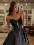 Navy Blue Sweetheart Satin Beaded A Line Long Prom Dresses With Bow