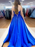 Navy Blue Sweetheart Satin Beaded A Line Long Prom Dresses With Bow