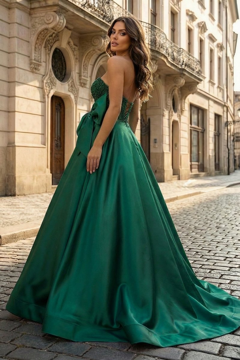 A-Line Sweetheart Lilac Beaded Long Prom Dresses With Bow