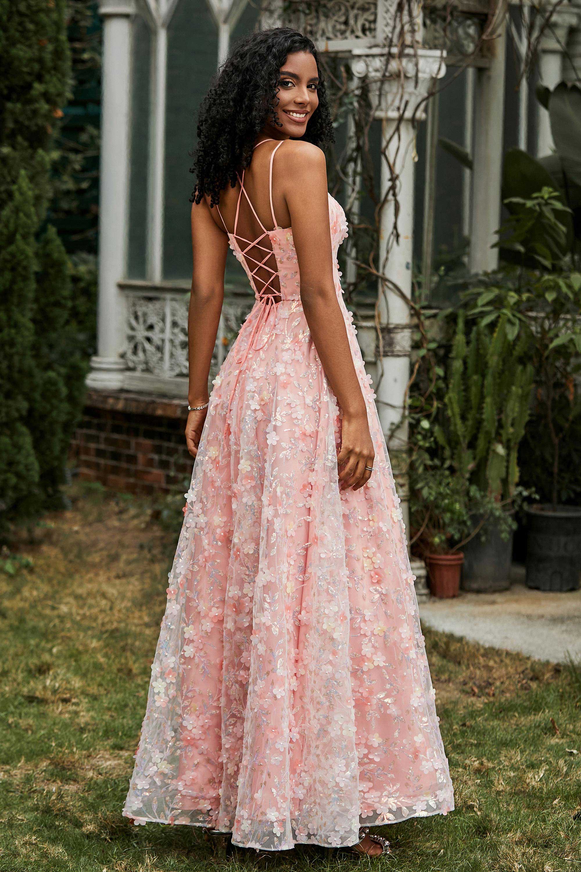 Spaghetti Straps Flower Applique Lace Floor-Length Prom Party Dress Formal Evening Ball Gowns