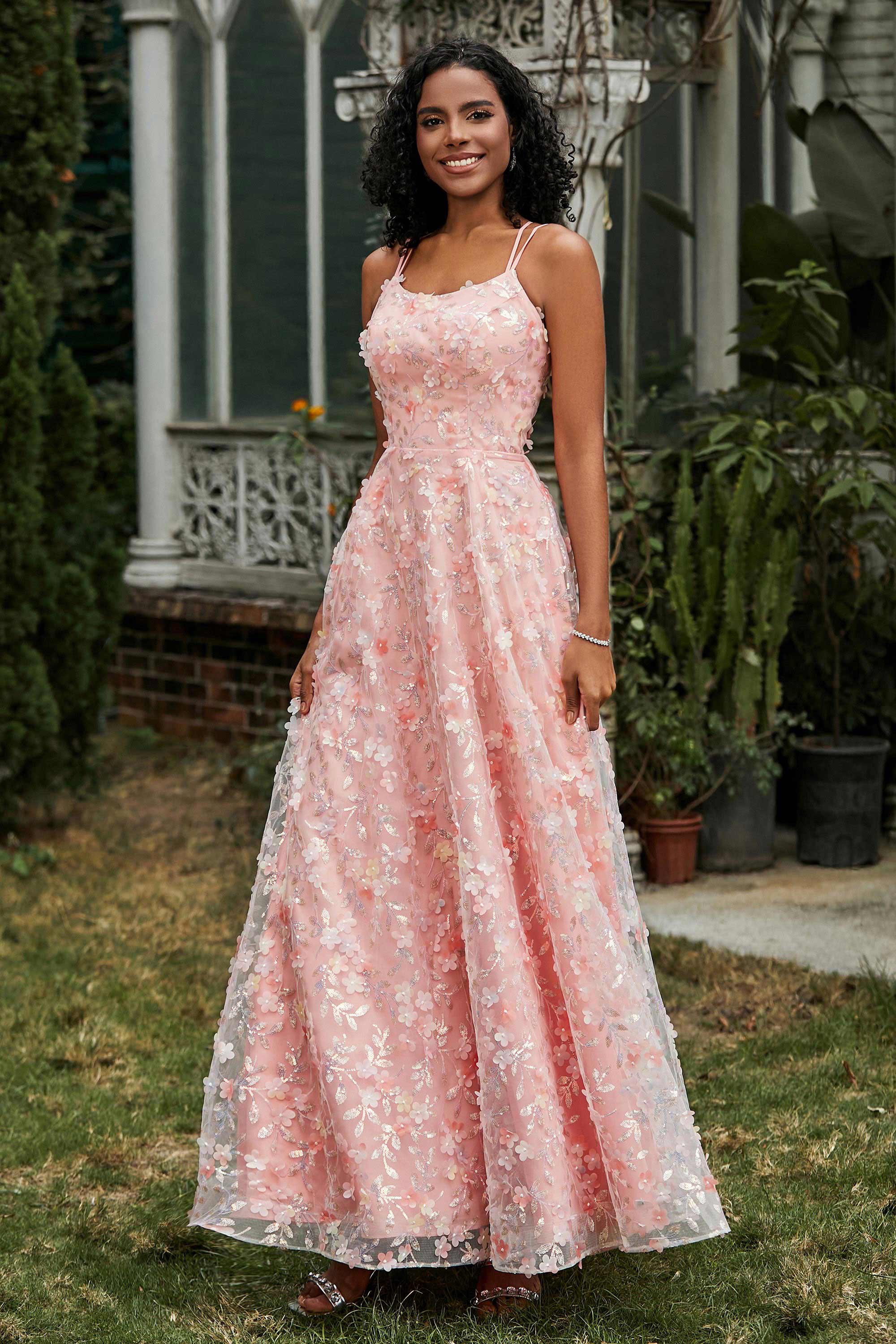 Spaghetti Straps Flower Applique Lace Floor-Length Prom Party Dress Formal Evening Ball Gowns