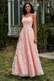 Spaghetti Straps Flower Applique Lace Floor-Length Prom Party Dress Formal Evening Ball Gowns