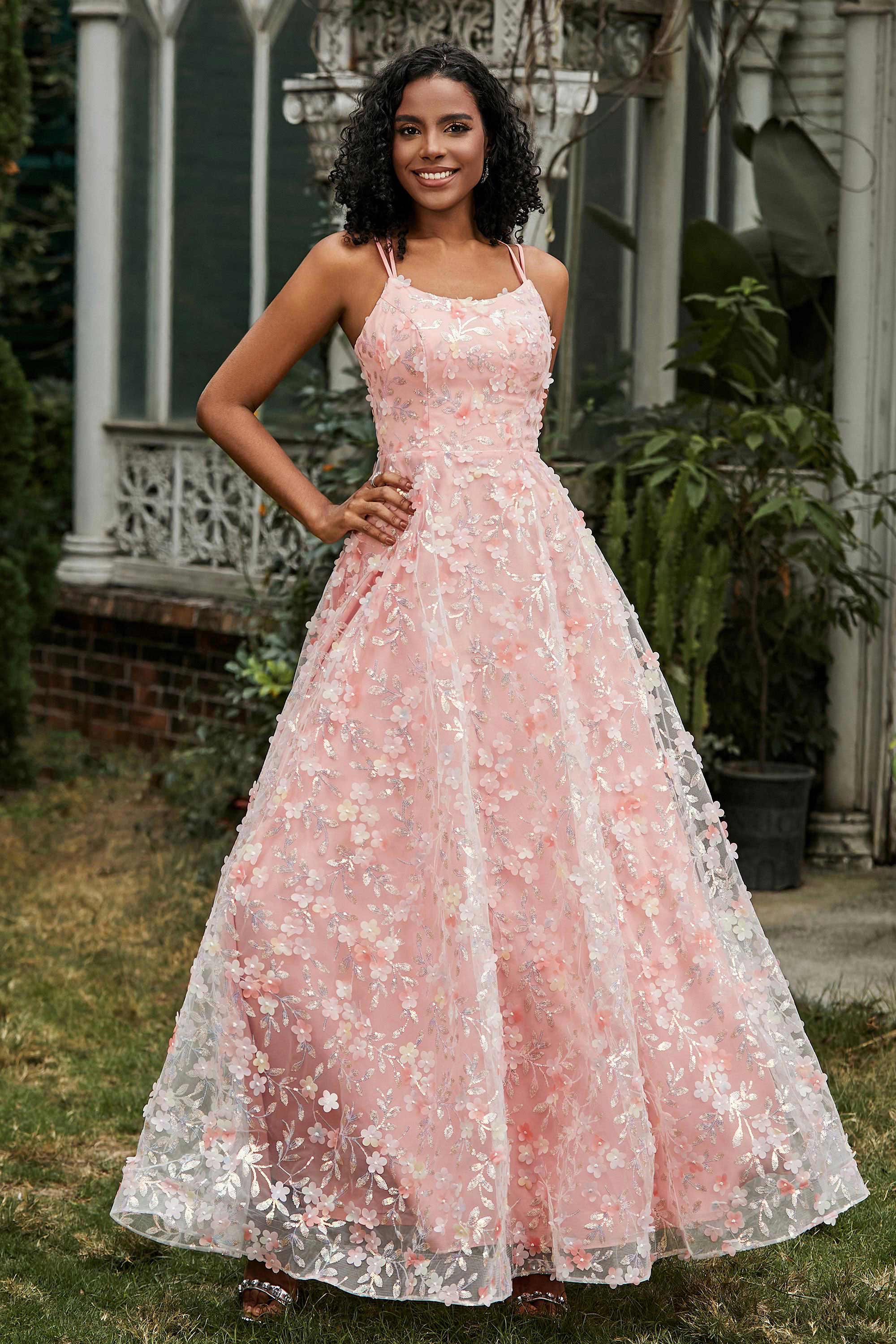 Spaghetti Straps Flower Applique Lace Floor-Length Prom Party Dress Formal Evening Ball Gowns