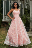 Spaghetti Straps Flower Applique Lace Floor-Length Prom Party Dress Formal Evening Ball Gowns