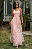 Spaghetti Straps Flower Applique Lace Floor-Length Prom Party Dress Formal Evening Ball Gowns