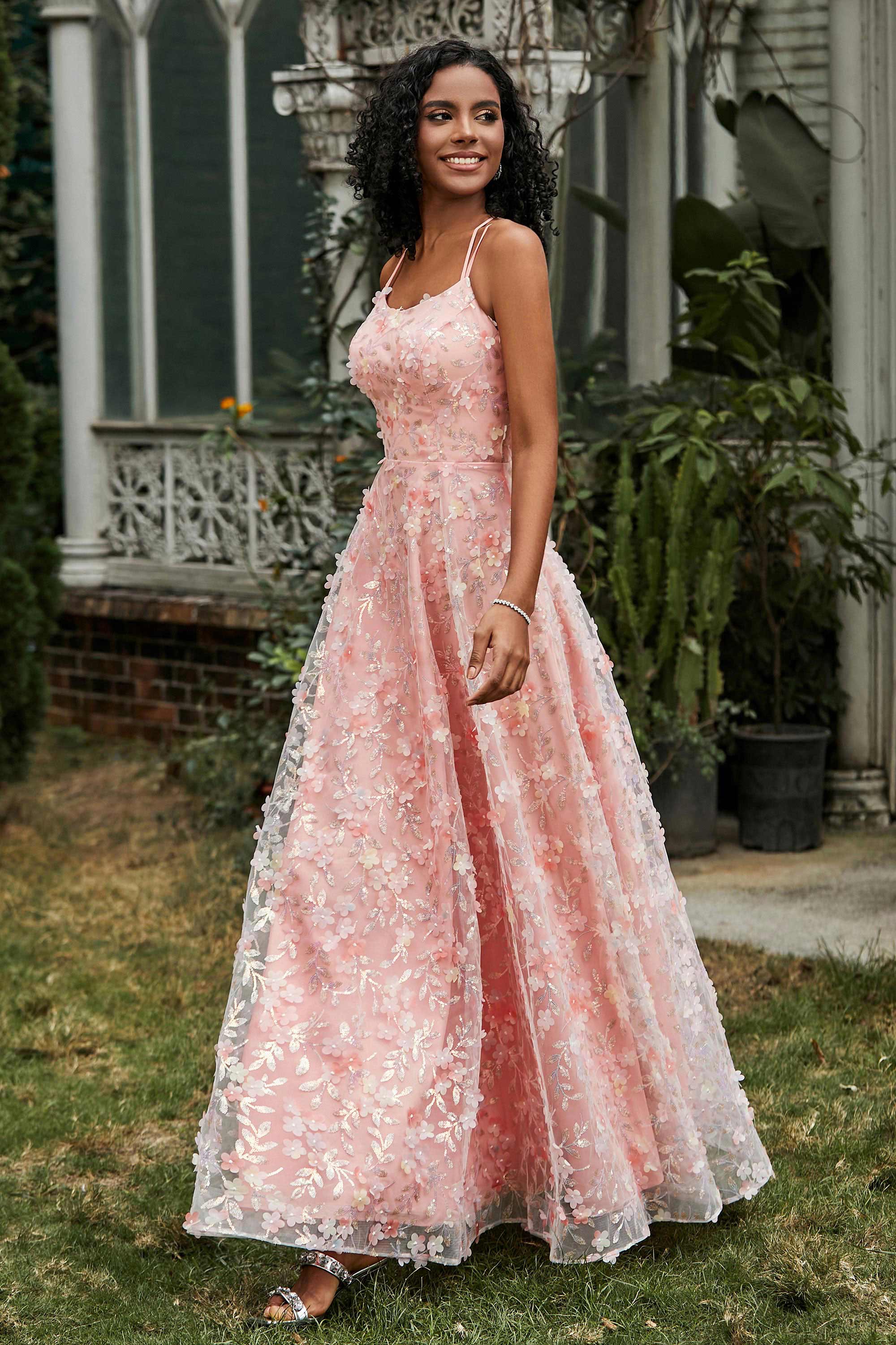 Spaghetti Straps Flower Applique Lace Floor-Length Prom Party Dress Formal Evening Ball Gowns