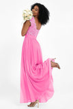 Cap Sleeves Chiffon Bridesmaid Dress with Lace Long Formal Evening Prom Dresses Gowns
