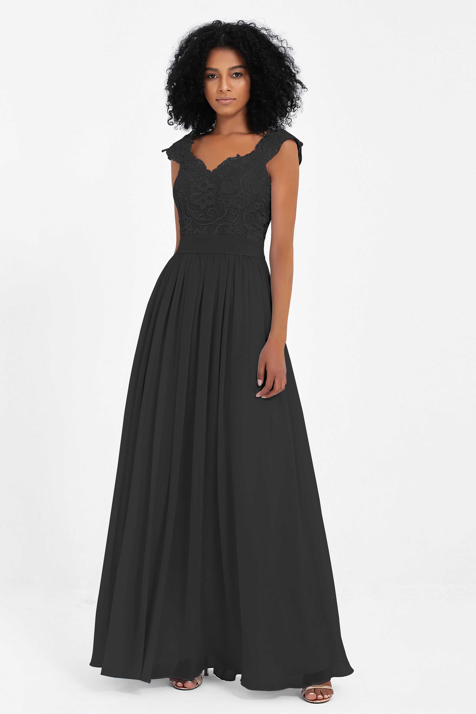 Cap Sleeves Chiffon Bridesmaid Dress with Lace Long Formal Evening Prom Dresses Gowns