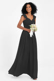 Cap Sleeves Chiffon Bridesmaid Dress with Lace Long Formal Evening Prom Dresses Gowns