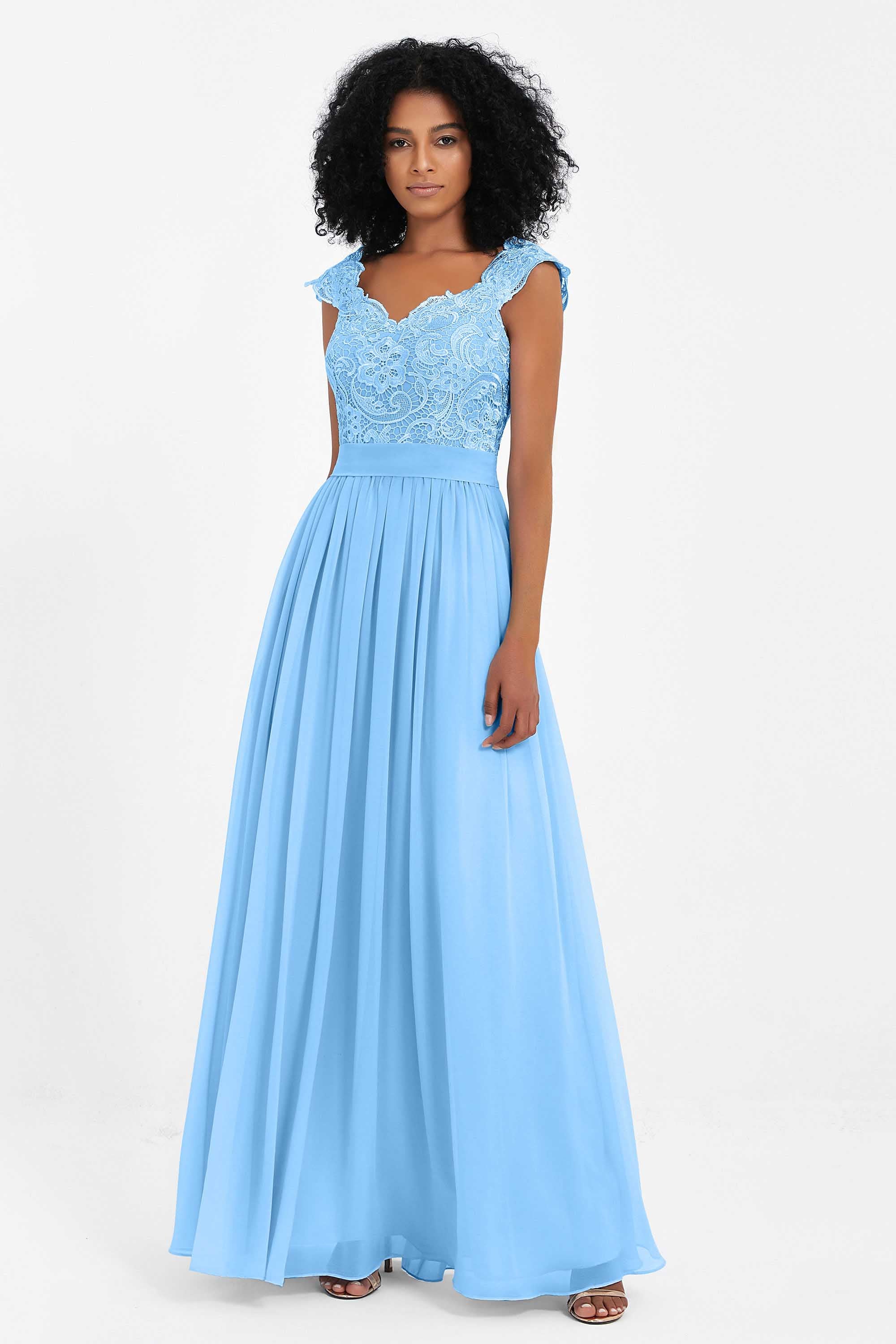 Cap Sleeves Chiffon Bridesmaid Dress with Lace Long Formal Evening Prom Dresses Gowns