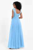 Cap Sleeves Chiffon Bridesmaid Dress with Lace Long Formal Evening Prom Dresses Gowns