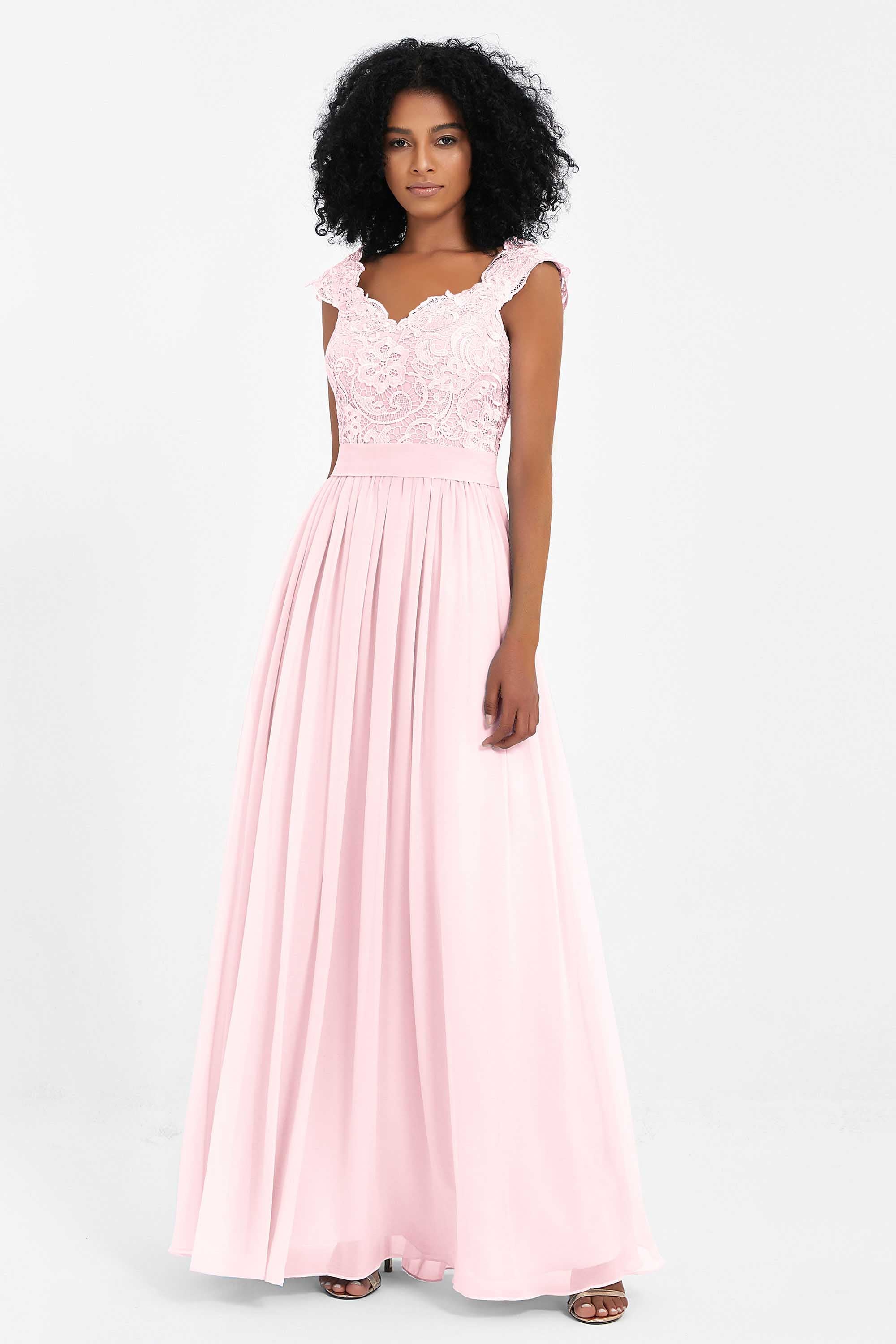 Cap Sleeves Chiffon Bridesmaid Dress with Lace Long Formal Evening Prom Dresses Gowns