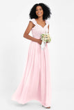 Cap Sleeves Chiffon Bridesmaid Dress with Lace Long Formal Evening Prom Dresses Gowns